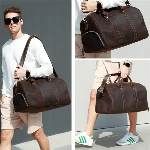 Men's Leather Duffel Bag Vintage Full Grain Leather w/ Shoes Compartment Leather